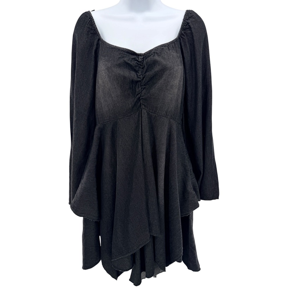 Pretty Damage Black Acid Wash Bell Sleeve Ruched Mini Dress Grunge Goth Witchy M
